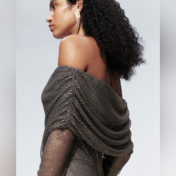 BNWT H&M Studio 2023 Rhinestone-Embellished Off-the-Shoulder Net Dress XS, L, XL - Picture 4 of 7